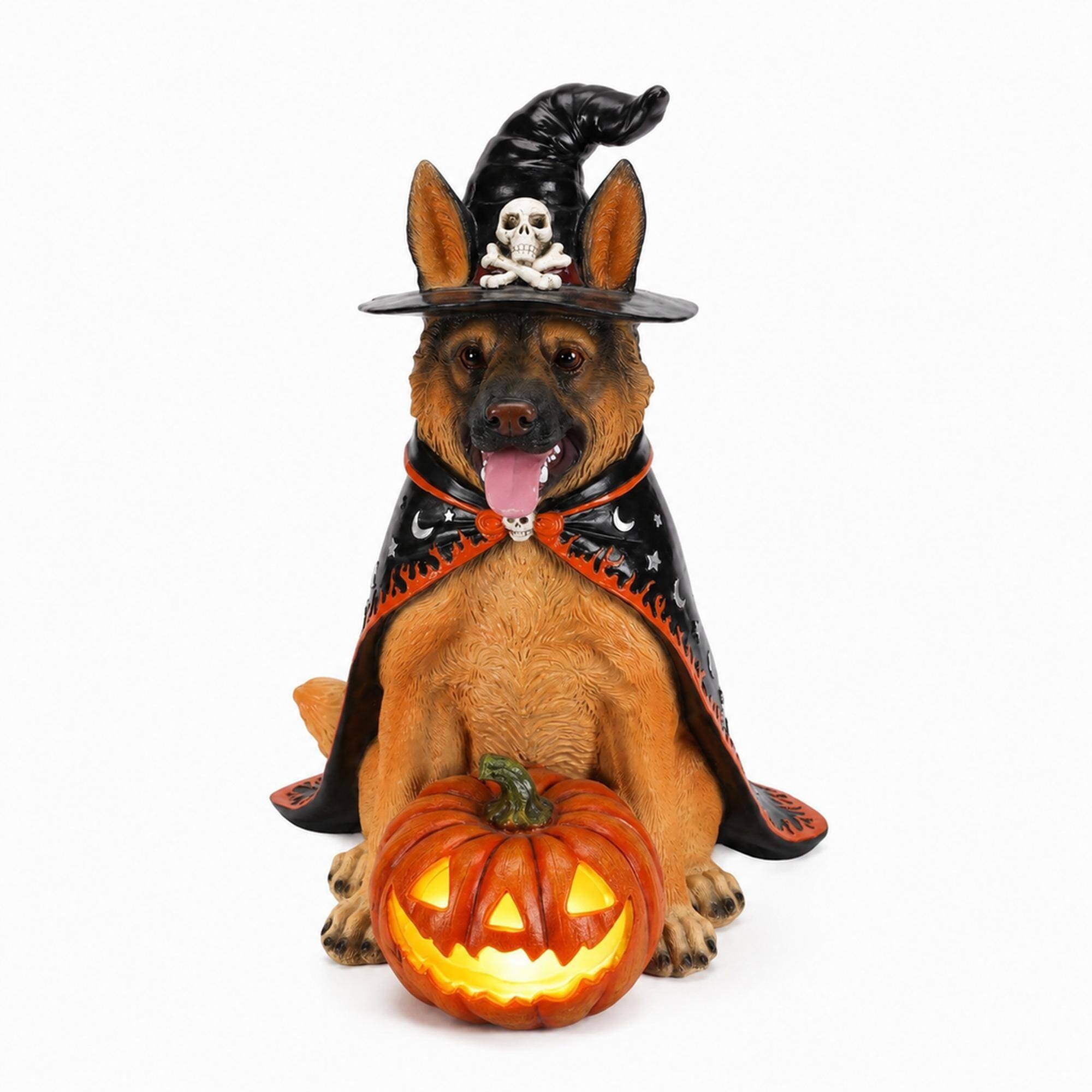 Front. RYHNUYNE - Halloween German Shepherd Dog Statue with Witch Hat and Cape Paired with LED Pumpkin Lantern for Spooky Porch Decor - Yellow.