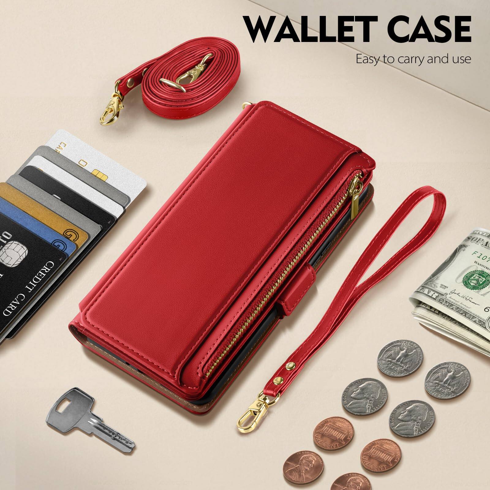 Left. Jadie Link - Compatible Pro Wallet Case Women Rfid Blocking Leather Phone Men Kickstand Flip Cover Wrist Strap Zipper Credit Card - Black-iPhone 17 Pro - 6.3".