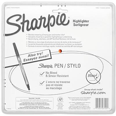 Sure, here is the corrected and grouped text:

---

**Sharpie Highlighter / Surligneur**

- Resists smearing of many pen and marker inks
- Versatile chisel tip is great for highlighting or underlining
- Quick-drying, odorless
- AP Certified Nontoxic ink formula

**Also try! / Essayez aussi!**

**Sharpie PEN / STYLO**

- No Bleed & Smear Resistant
- L'encre ne traverse pas et résiste au maculage
- AP Uncap what's inside

**Uncap what's inside / Découvrez ce qui se trouve à l'intérieur**

**Sharpie.com**

**21641 27145**

---

**AP Certified Nontoxic**

**Resiste au maculage de plusieurs encres de stylos et de marqueurs**

**La pointe biseautée polyvalente est idéale pour surligner ou souligner**

**Formule d'encre rapide, inodore et certifiée AP non toxique**

---