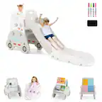 I want to buy a white plastic play car with a slide. It has a blackboard and markers. There are also other play items like a small car with a book and a colorful cube.