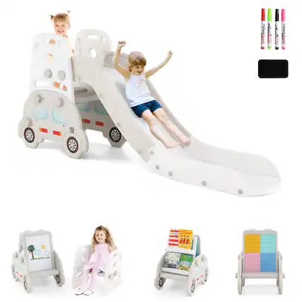 I want to buy a white plastic play car with a slide. It has a blackboard and markers. There are also other play items like a small car with a book and a colorful cube.