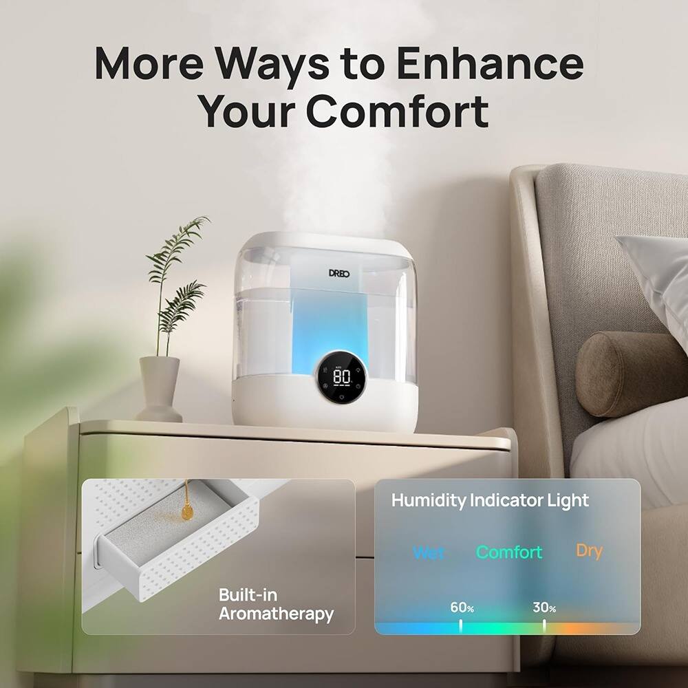 More Ways to Enhance Your Comfort

- DREO e 80
- Humidity Indicator Light
  - Wet
  - Comfort
  - Dry
  - 60%
  - 30%
- Built-in Aromatherapy