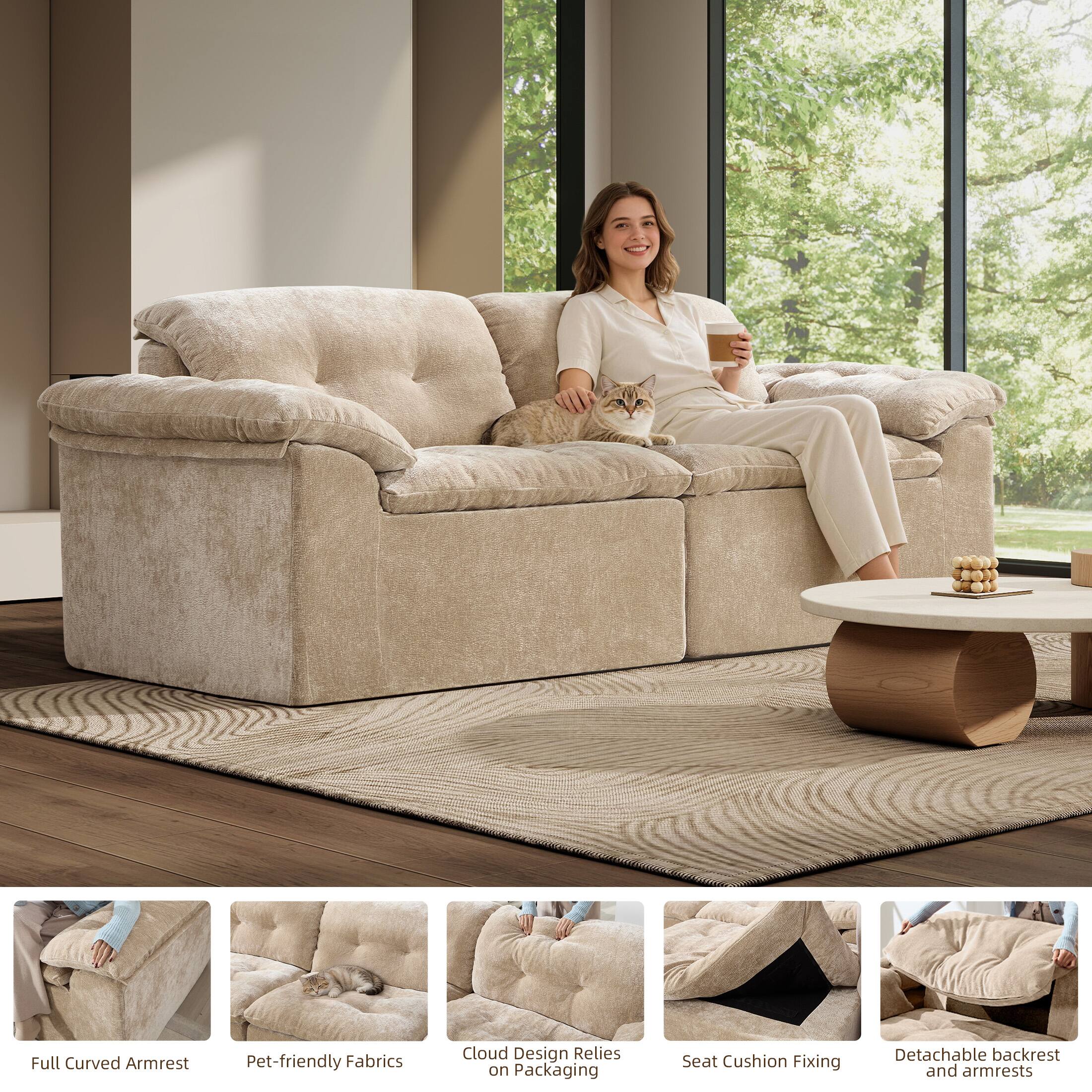 Full Curved Armrest  
Pet-friendly Fabrics  
Cloud Design Relies on Packaging  
Seat Cushion Fixing  
Detachable backrest and armrests