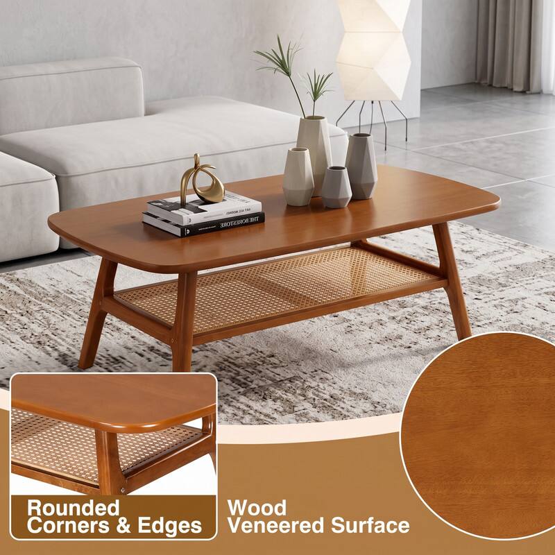 WELLFOR 2 Tier Boho Rattan Coffee Table with Rounded Corners & Storage ...
