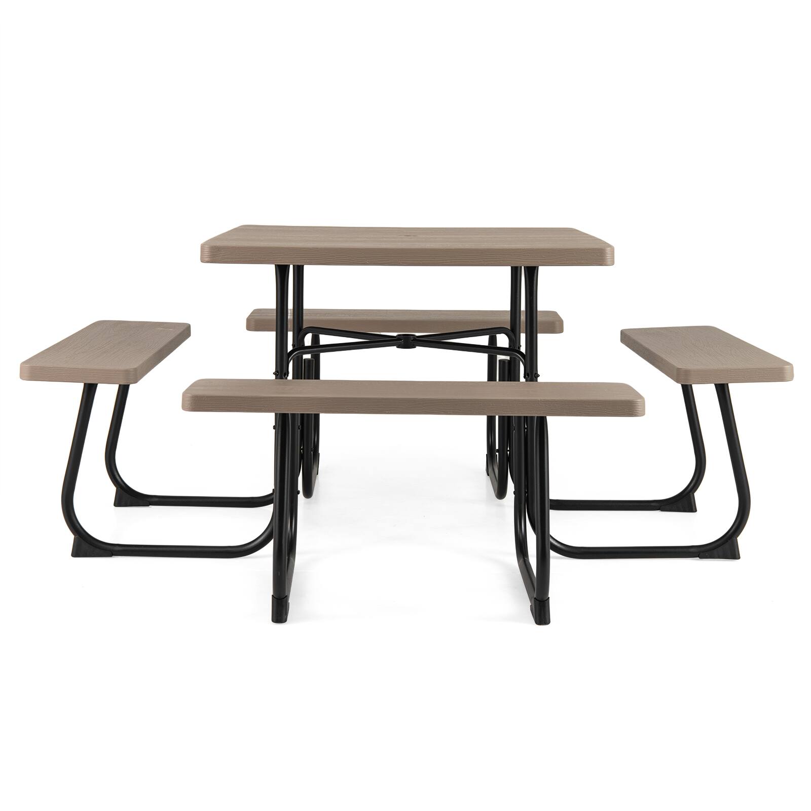 Alt View 7. Gymax - Gymax 8-person Square Picnic Table Bench Set w/4 Benches & Umbrella Hole for Garden - Brown.