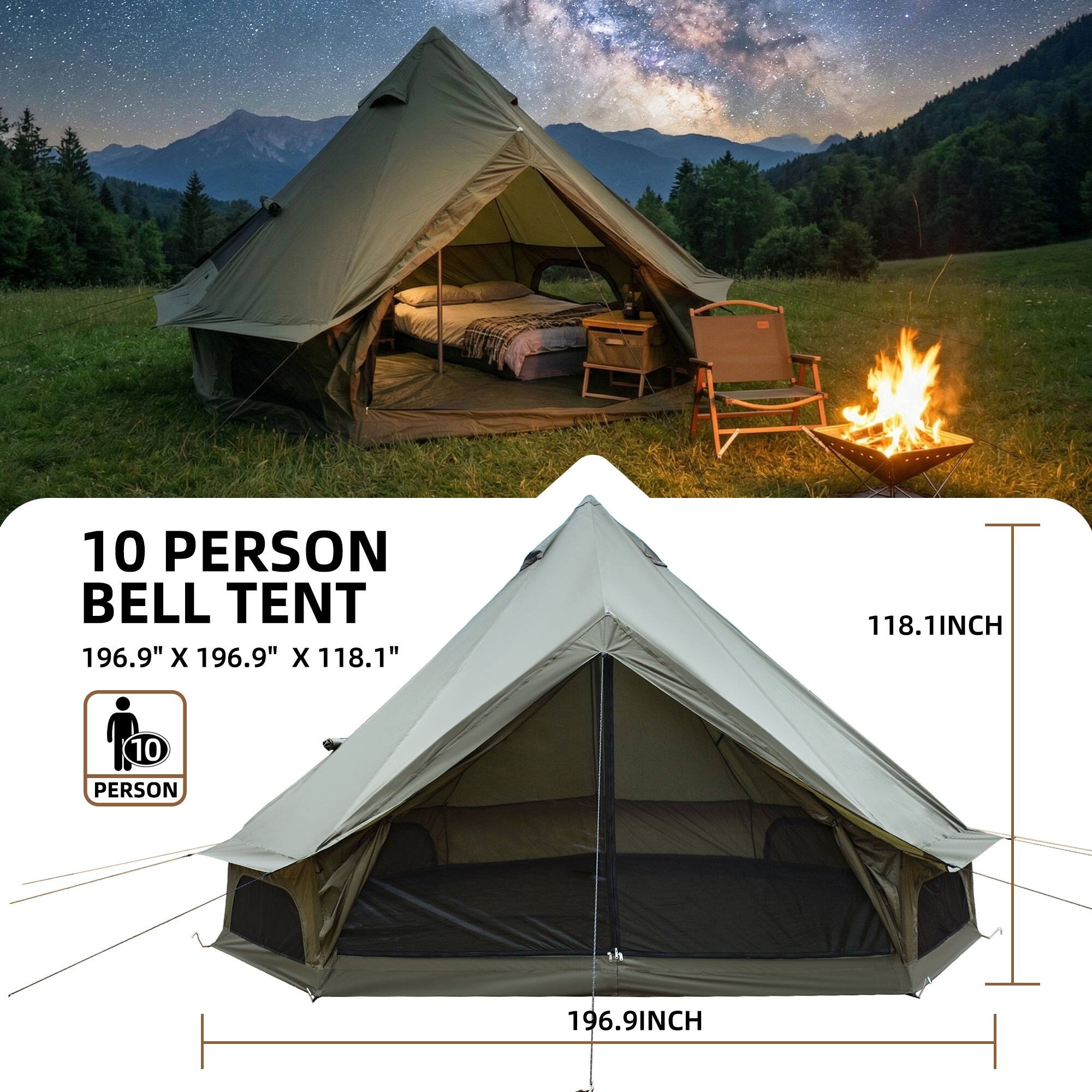 Anysun 4 Season Bell Tent 16.4 FT – Waterproof Family Camping Tent