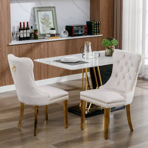 Alt View 4. LUCKY ONE - Assembled Tufted Velvet Dining Chair Set of 2 with Golden Stainless Steel Legs Nailhead Trim - Beige.