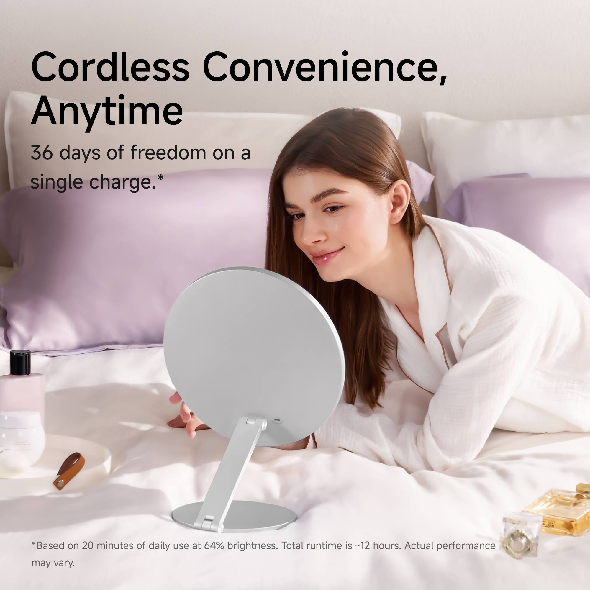 Cordless Convenience, Anytime  
36 days of freedom on a single charge.*  
*Based on 20 minutes of daily use at 64% brightness. Total runtime is ~12 hours. Actual performance may vary.