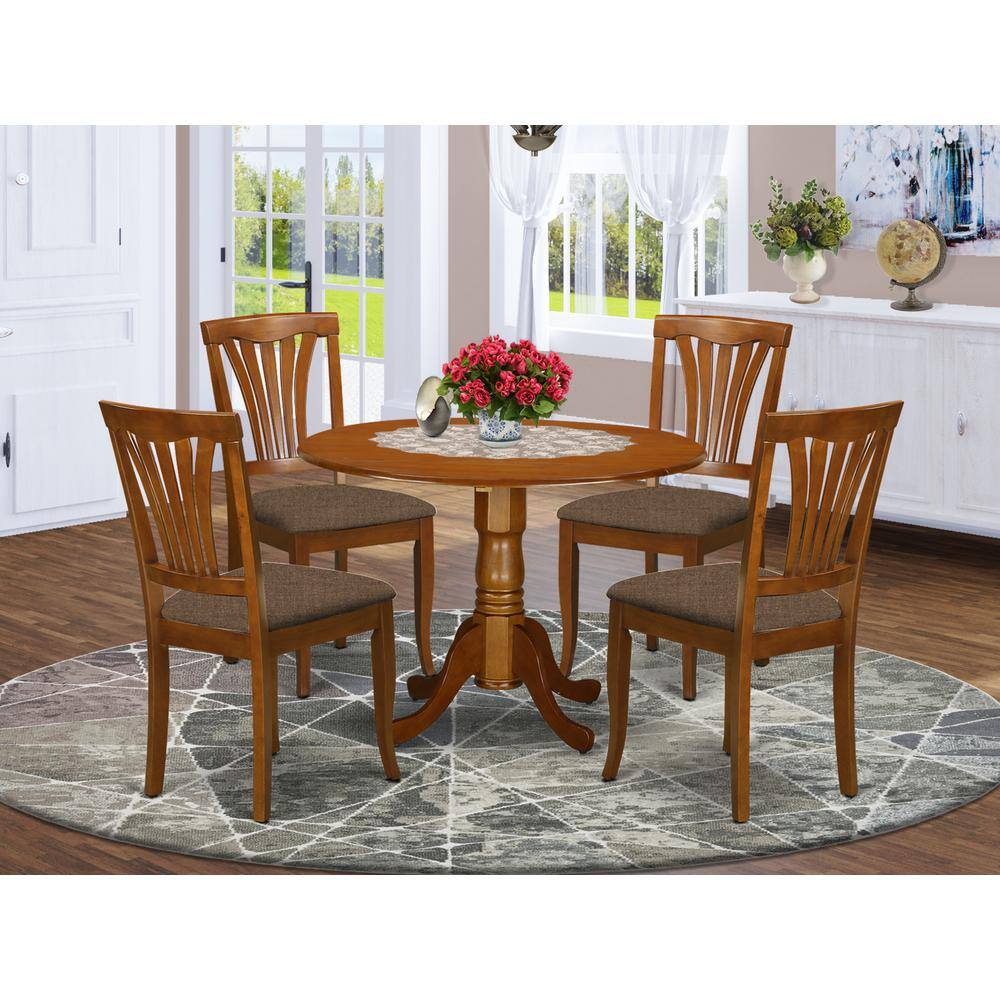 Left. East West Furniture - DLAV5-SBR-C 5 Pc small Kitchen Table set-round Table and 4 Kitchen Dining Chairs - Saddle Brown.