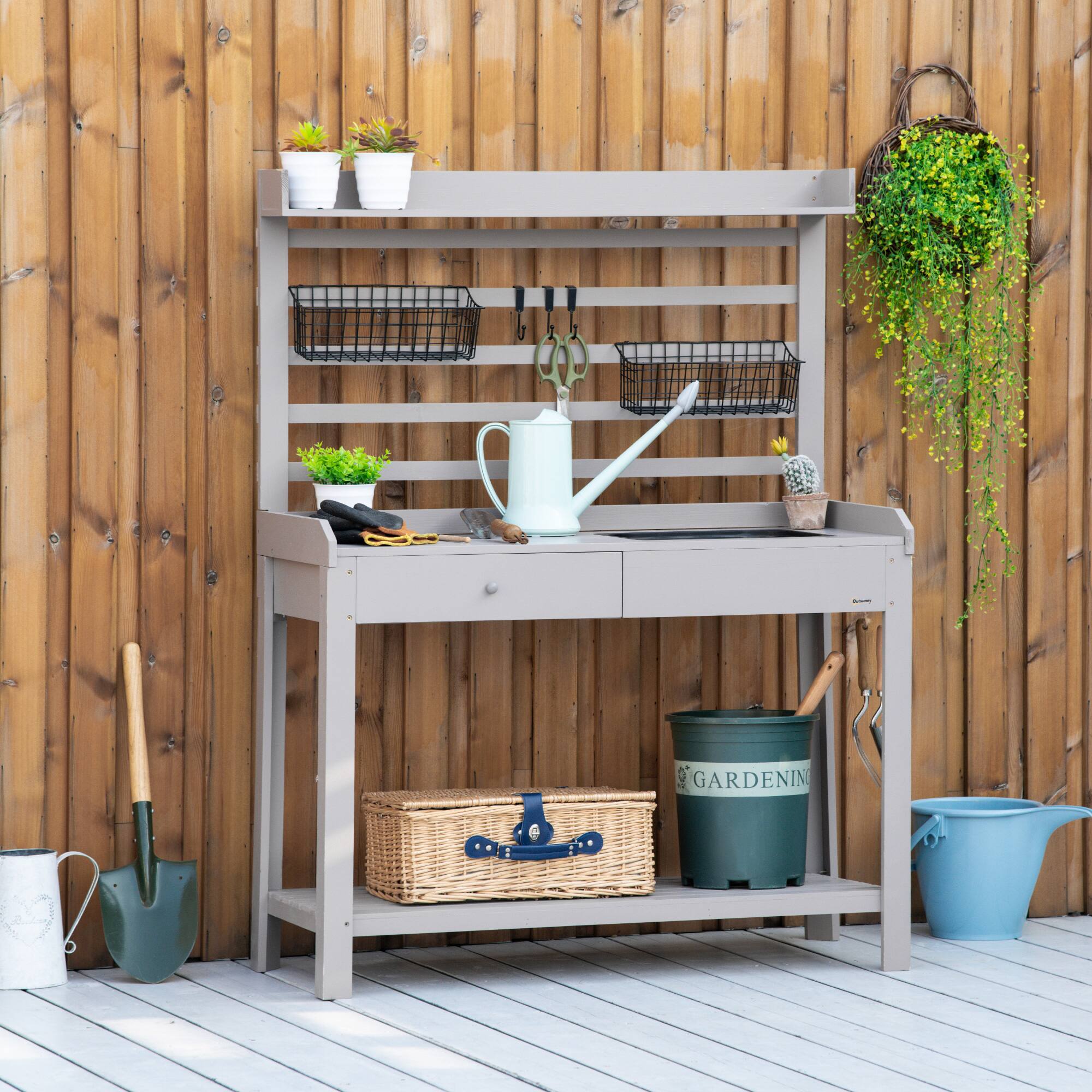 Alt View 1. Outsunny - Potting Bench Table, Garden Work Bench, Workstation with Metal Sieve Screen, Removable Sink - Grey.