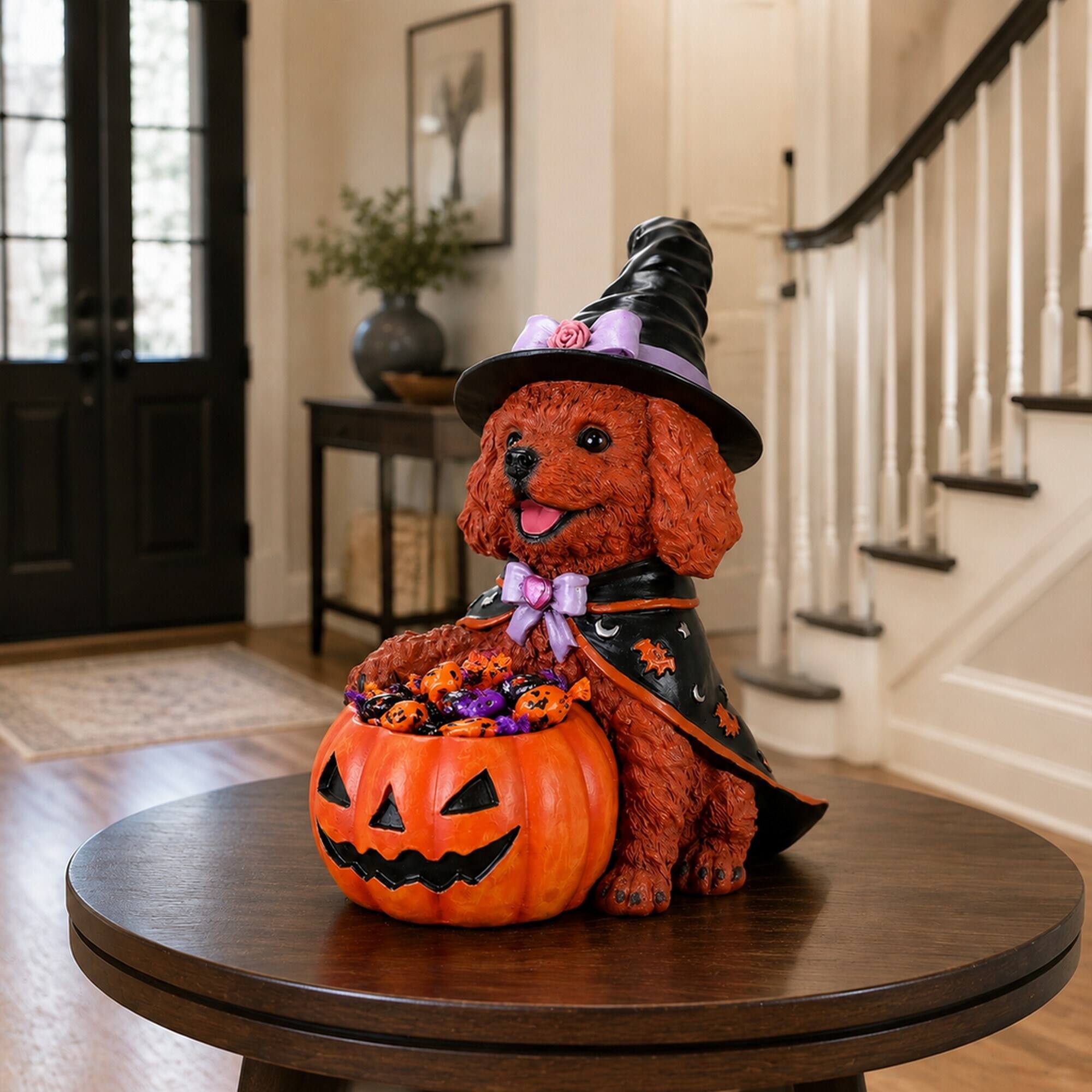 Back. RYHNUYNE - Cute Brown Teddy Dog Witch Figurine Holding Pumpkin Candy Bowl for Halloween Tabletop Decor - Black.