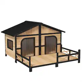 Pefilos - 59" Outdoor Dog House with Porch, Double Room, Openable Roof, Removable Bottom, Wooden Dog House with Elevated Floor