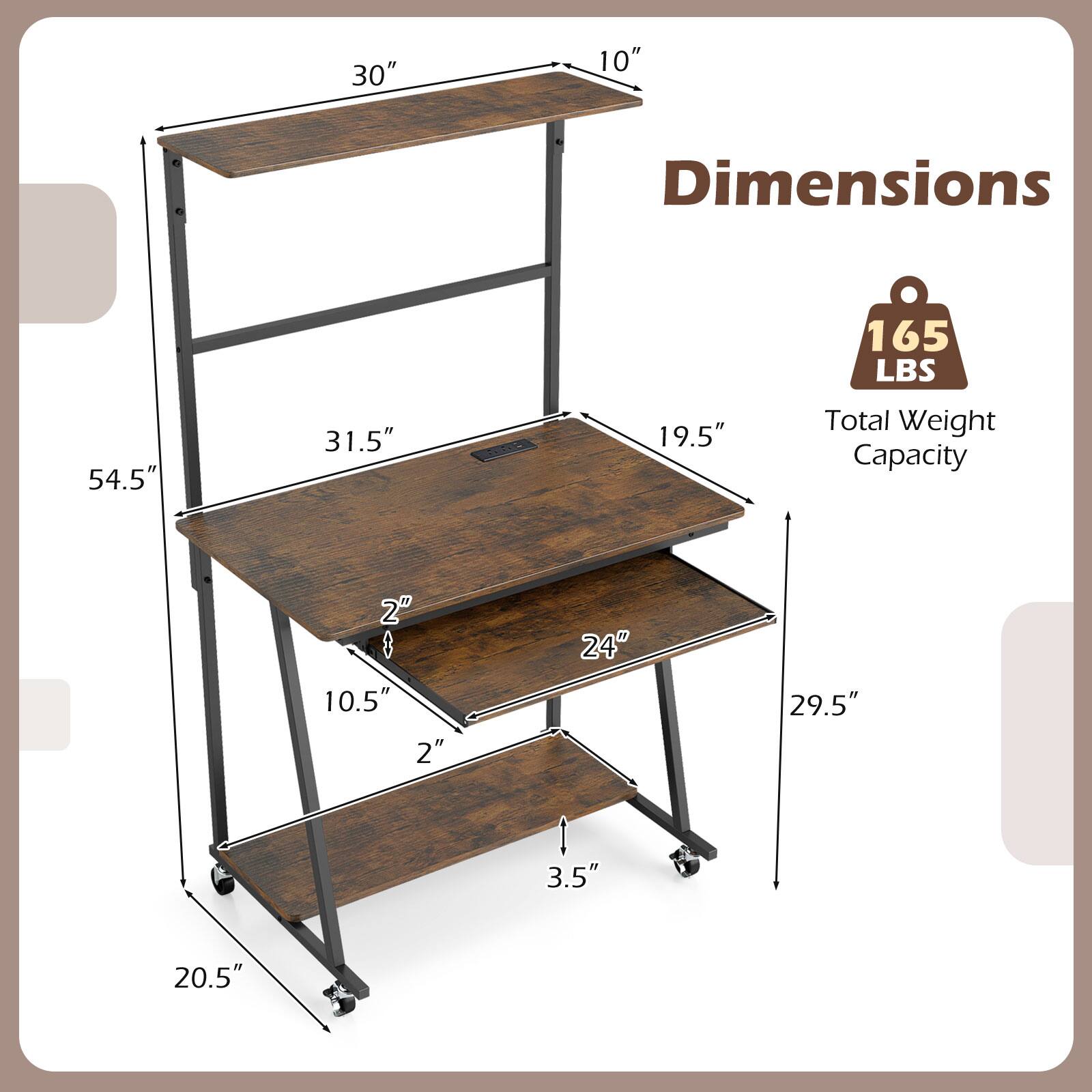 30" x 10"  
Dimensions: 54.5" x 31.5" x 19.5"  
Total Weight Capacity: 165 LBS  
2" x 10.5" x 2"  
24" x 29.5" x 3.5"  
20.5"