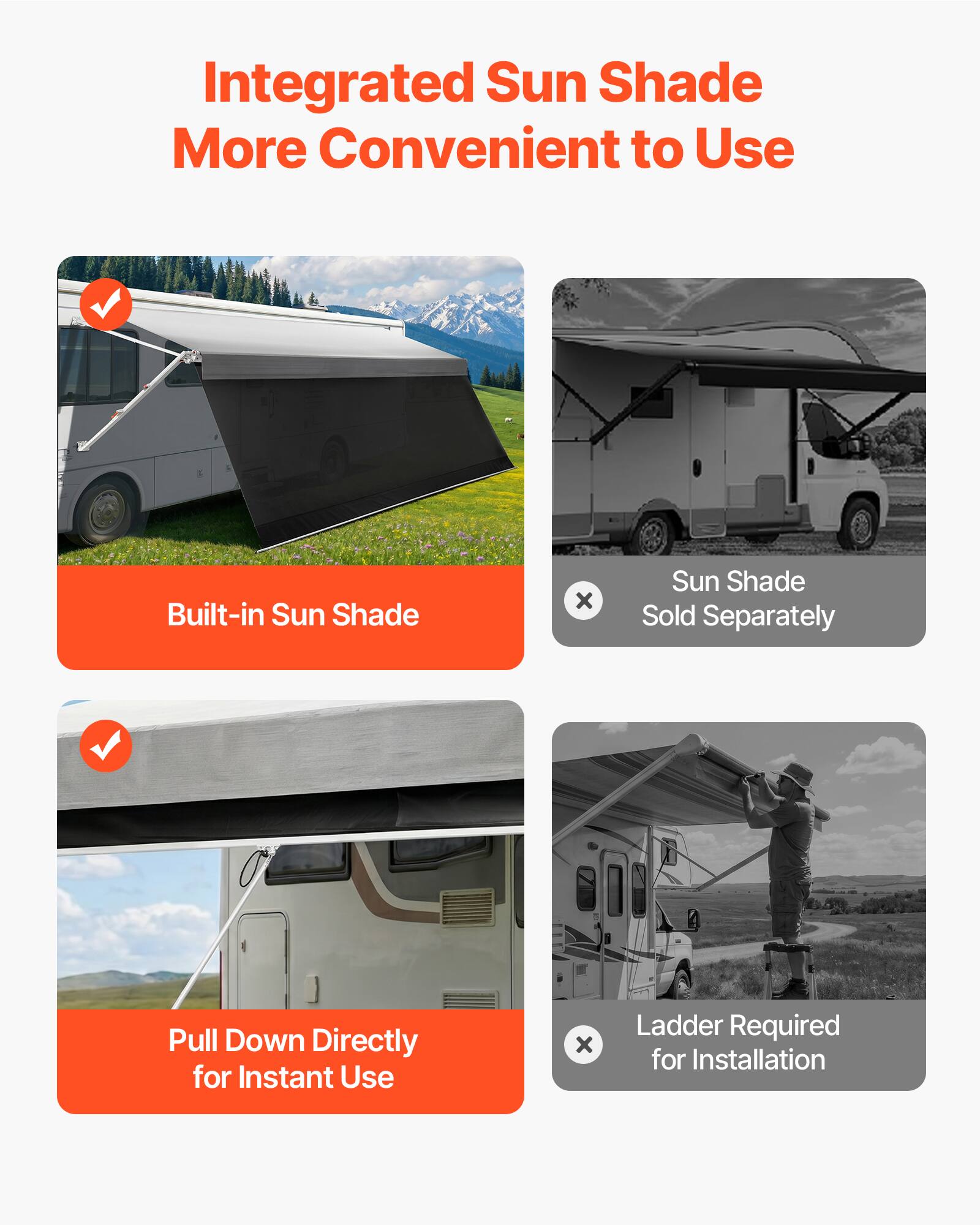Integrated Sun Shade More Convenient to Use

- Built-in Sun Shade
- Sun Shade Sold Separately
- Pull Down Directly for Instant Use
- Ladder Required for Installation