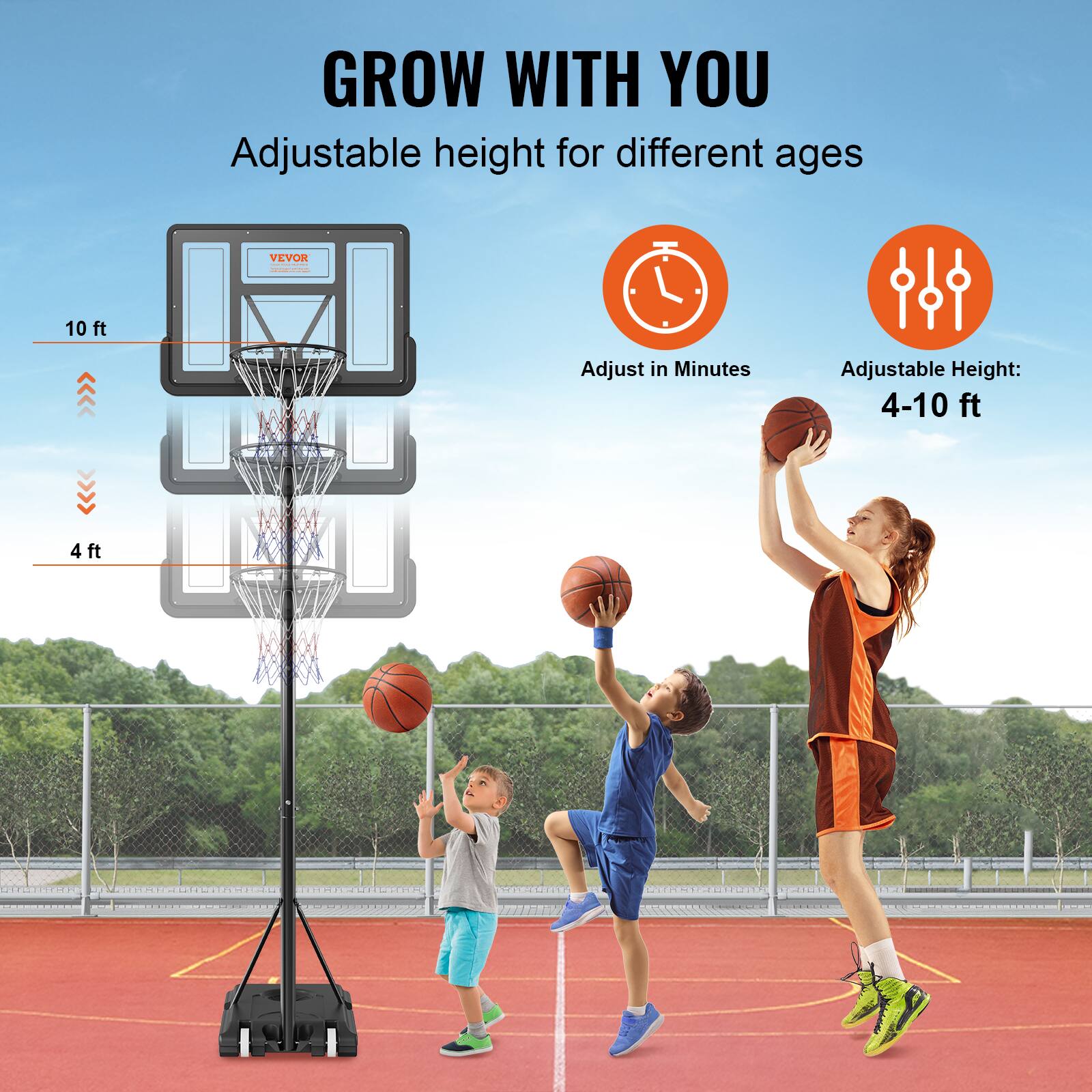 GROW WITH YOU
Adjustable height for different ages
VEVOR
Adjust in Minutes
Adjustable Height: 4-10 ft
4ft