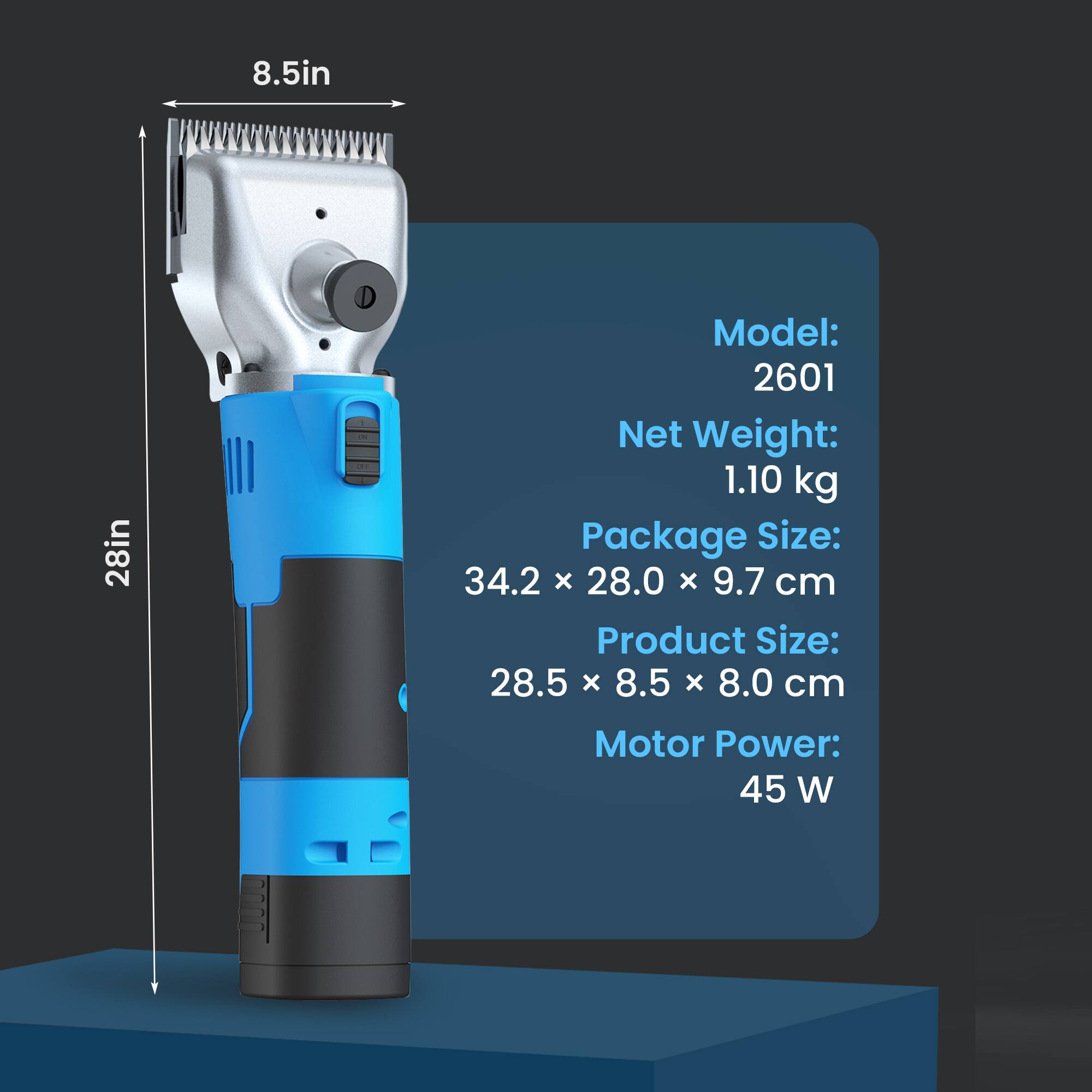 8.5in  
28in  

Model: 2601  
Net Weight: 1.10 kg  
Package Size: 34.2 x 28.0 x 9.7 cm  
Product Size: 28.5 x 8.5 x 8.0 cm  
Motor Power: 45 W