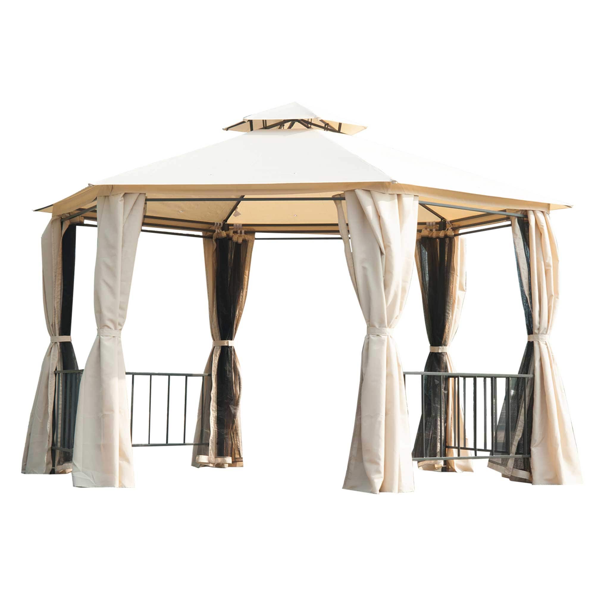 Front. Outsunny - 13' x 13' Patio Gazebo, Double Roof Hexagon Outdoor Gazebo Canopy Shelter with Netting & Curtains - Beige.