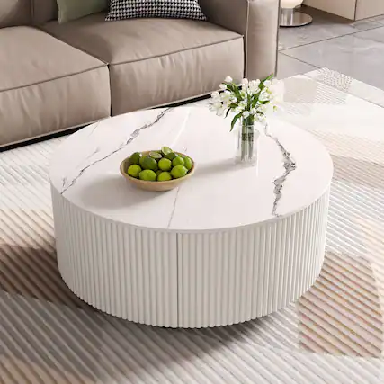 Front. Lirago - 30" Faux Marble Modern Round Coffee Table with with Casters 2 Drawers Storage Living Room Table - White.