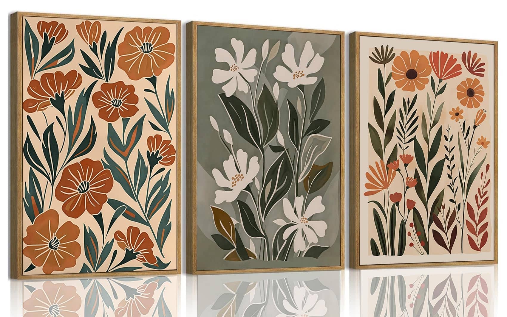 Fabibe - 3 Piece Vintage Floral Wall Art Framed,Neutral Wildflower Wall Decor,Mid Century Modern Botanical Prints,Retro Plant Art - Abstract Flower 12x16in Framed