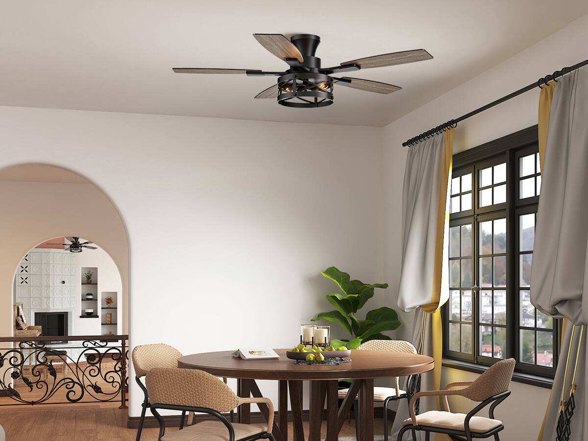 Left. Siljoy - 52-In Farmhouse Flush Mount Lighted Cage Ceiling Fan  Walnut/Black Blades & Remote for Living Room Patio Bedroom - Black.