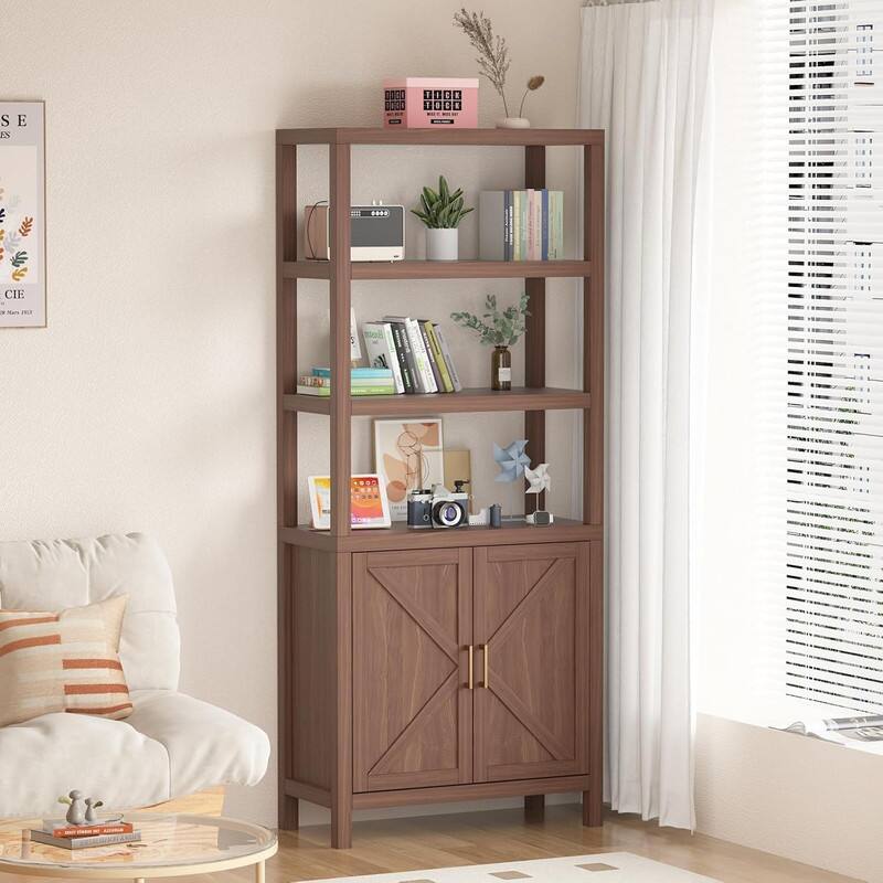 GARVEE - 71" Tall Bookshelf w/ Adjustable Shelves & Cabinet Doors,Wooden Storage Bookcase for Living Room or Office Organization - Oak