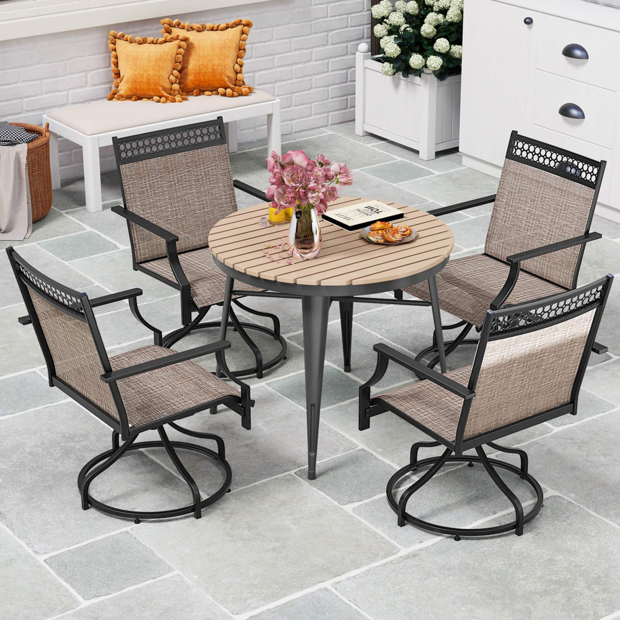 Alt View 1. Costway - Patio Swivel Dining Chairs Set of 4 with Quick-Drying Fabric and Metal Frame - Brown.