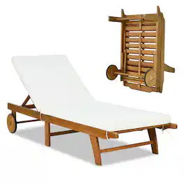 Costway - Patio Acacia Wood Lounge Chair Chaise Recliner Adjustable Backrest Cushion Wheel - White
