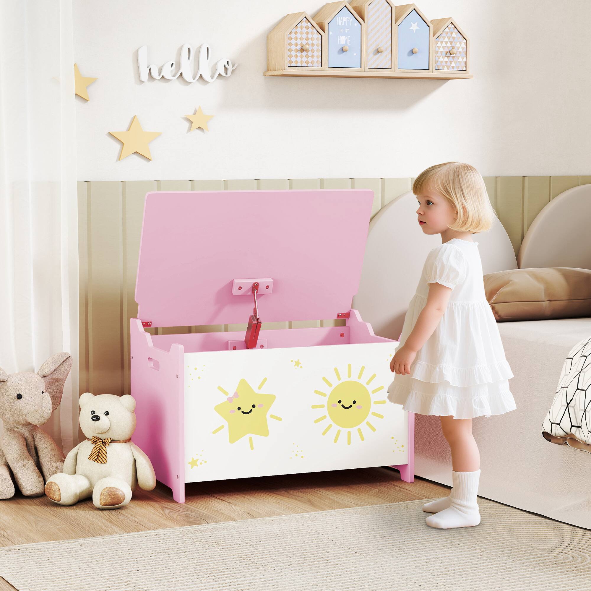 Alt View 1. Qaba - Box with Lid, Safety Hinges and Groove Handles, Toy Storage Organizer for Kids, Living Room - Pink.