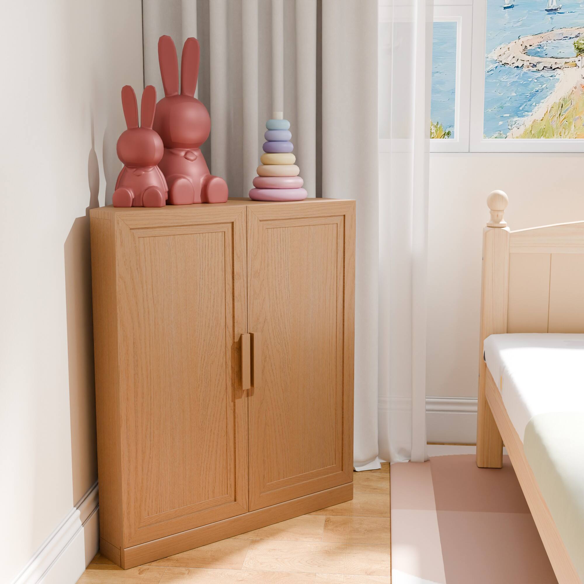 Alt View 2. PexFix - 36" Farmhouse Corner Accent Storage Cabinet with Solid Wood Doors and Adjustable Shelves for Space-Saving - Natural.