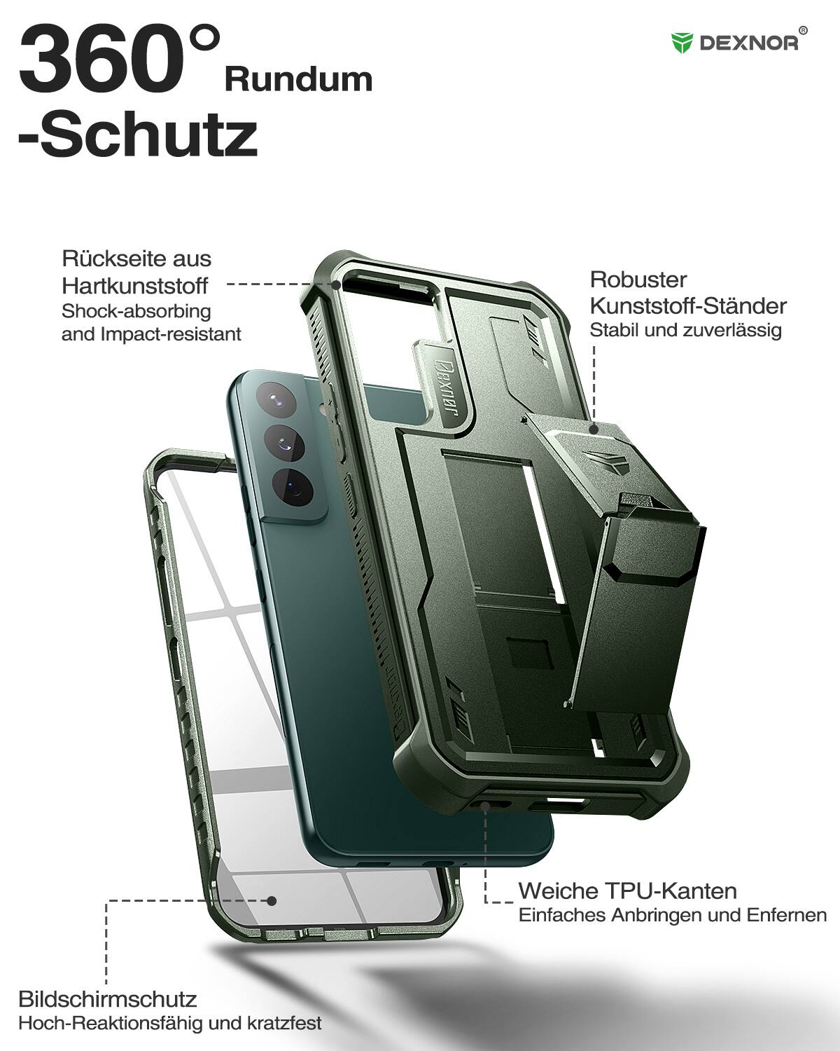 360° Rundum-Schutz

Rückseite aus Hartkunststoff  
Shock-absorbing and Impact-resistant

Robuster Kunststoff-Ständer  
Stabil und zuverlässig

Weiche TPU-Kanten  
Einfaches Anbringen und Entfernen

Bildschirmschutz  
Hoch-Reaktionsfähig und kratzfest