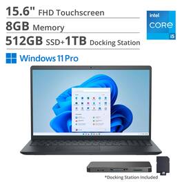 Dell - 15.6" 2K Touch Laptop,Intel i5 1334U,8GB RAM,512GB SSD+1TB Dock Set,Intel UHD GPU,Numeric Pad,Win 11 Pro - Black