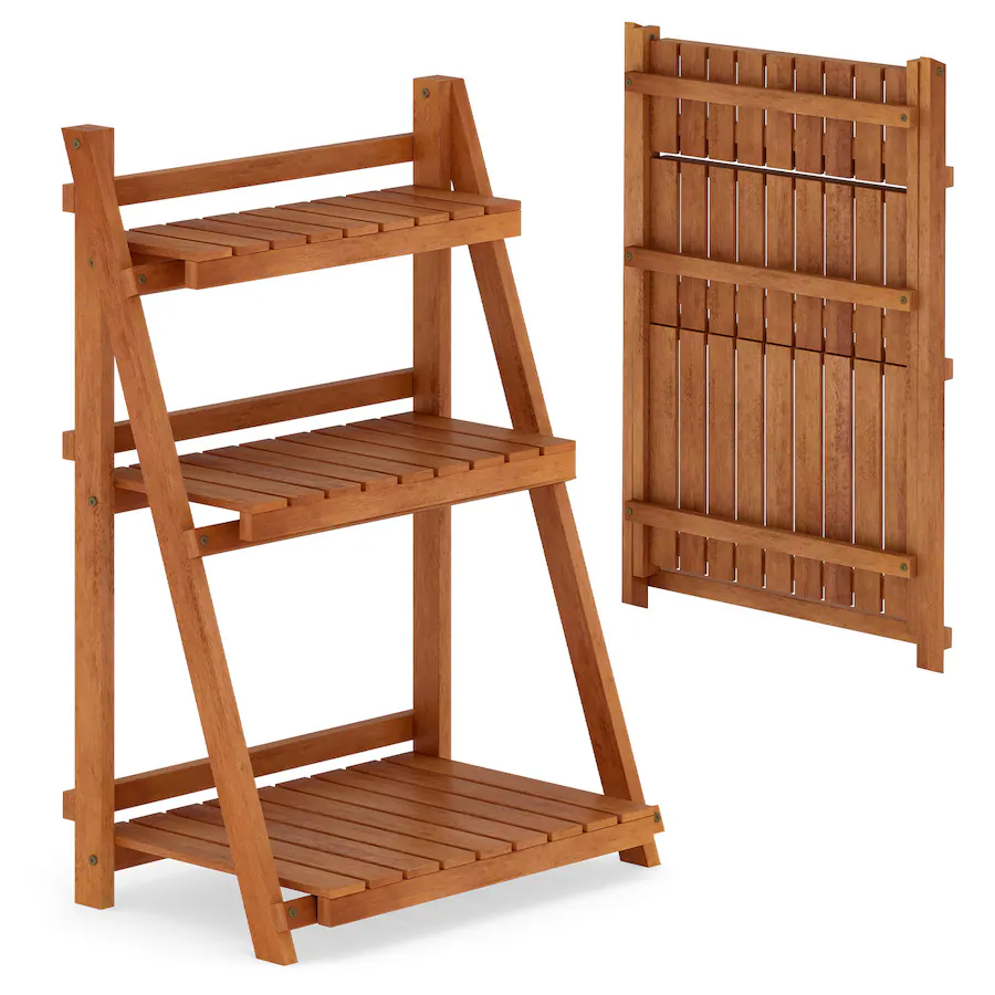 Gymax 3 Tier Wood Plant Stand Folding Flower Rack w/Ladder Design Anti ...