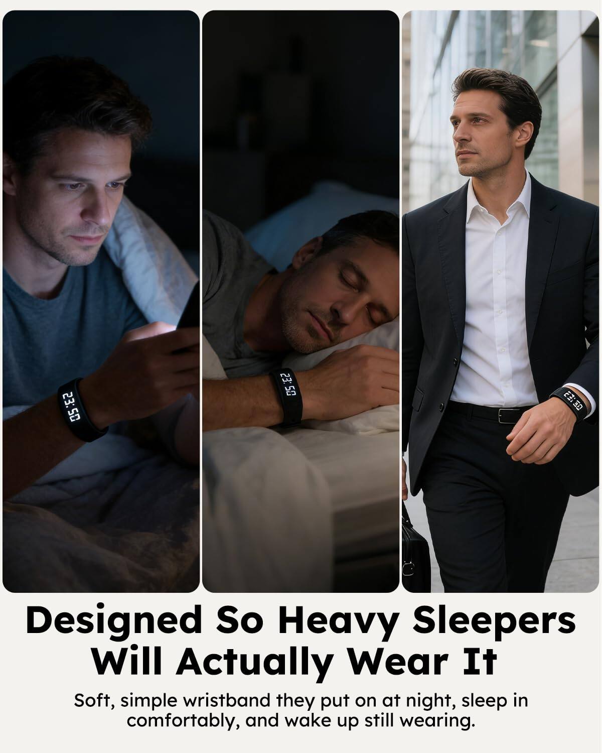 23:50 23:50 23:05 ES SD

Designed So Heavy Sleepers Will Actually Wear It

Soft, simple wristband they put on at night, sleep in comfortably, and wake up still wearing.