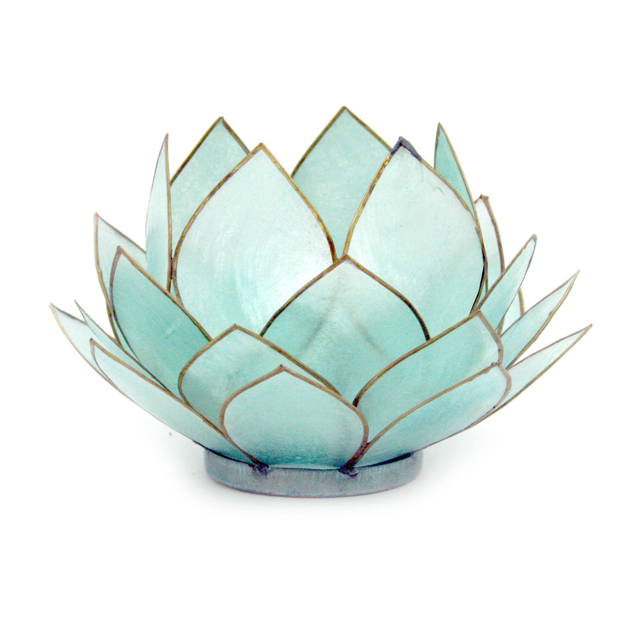 Front. Contrast Inc. - Light Blue Capiz Shell Opening Lotus Flower Bulb Tealight Candle Holder - Teal.