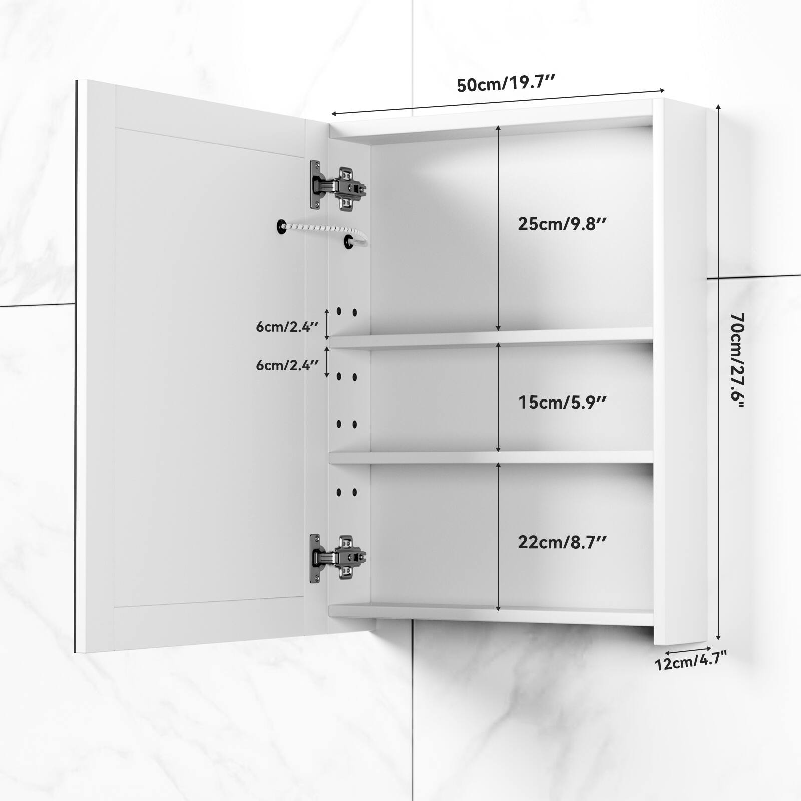 50cm/19.7" - 4 C  
25cm/9.8"  
6cm/2.4"  
6cm/2.4"  
15cm/5.9"  
70cm/27.6"  
22cm/8.7"  
12cm/4.7"