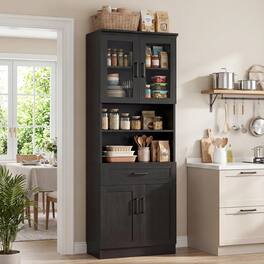 Aheaplus - 79.7" Tall Kitchen Pantry Storage Cabinet, Kitchen Hutch Cabinet with Glass Door, Adjustable Shelves and Drawer - Black