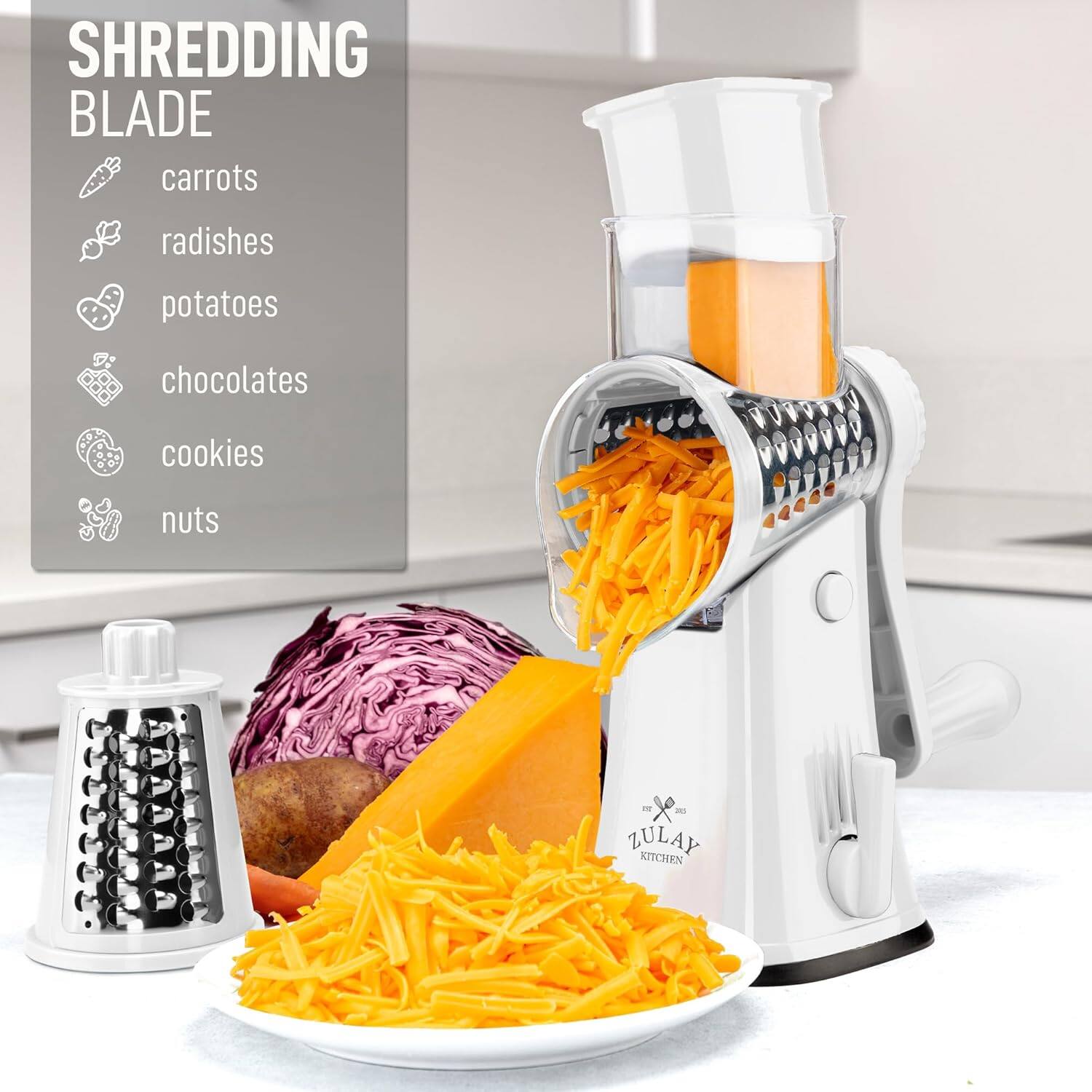SHREDDING BLADE  
carrots  
radishes  
potatoes  
chocolates  
cookies  
nuts  

ZULAY KITCHEN