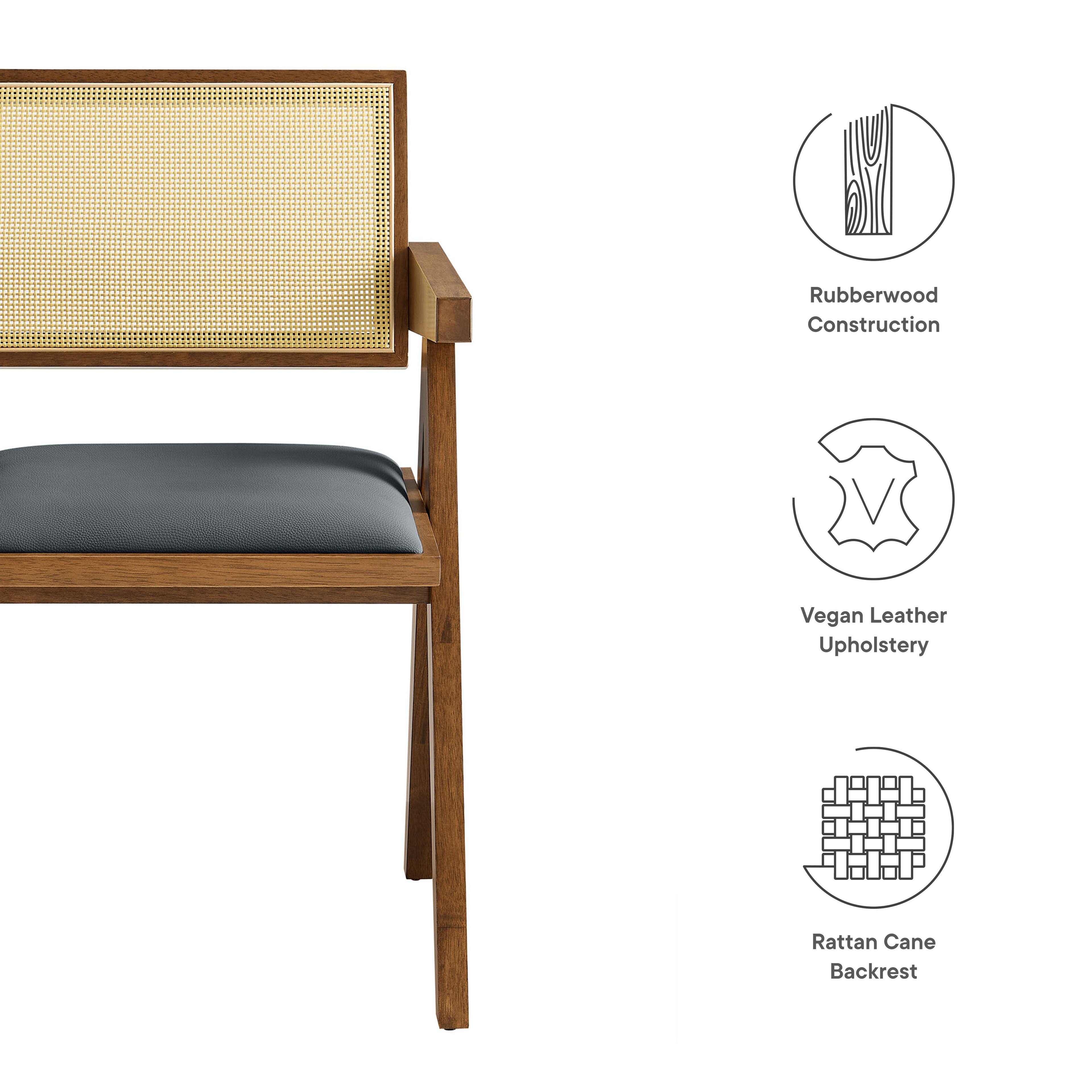 Rubberwood Construction  
Vegan Leather Upholstery  
Rattan Cane Backrest