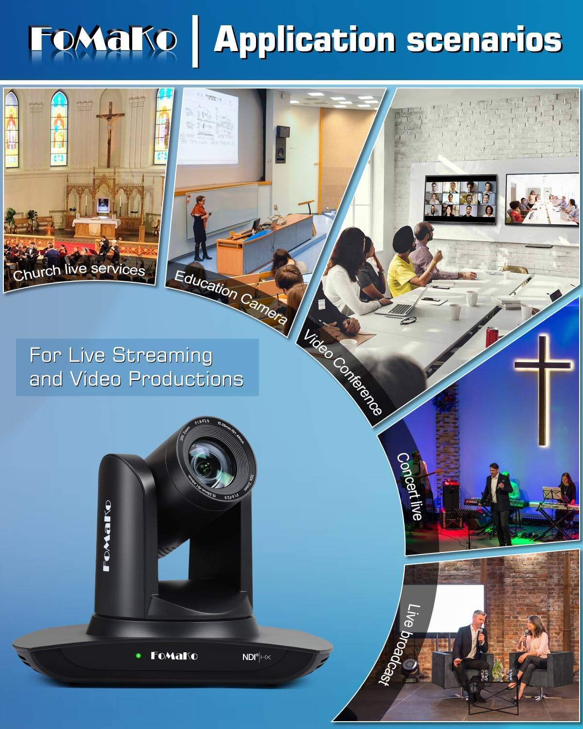 FoMako | Application scenarios

Church live services  
Education Camera  
Video Conference  
Concert live  
Live broadcast  

For Live Streaming and Video Productions