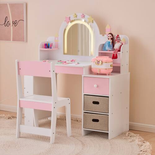 Alt View 2. Winado - 2-in-1 Vanity Makeup Table Study Desk Chair Set with 3 Color Mirror & Side Storage Shelves Kids Girls Christmas Gift - White & Pink.
