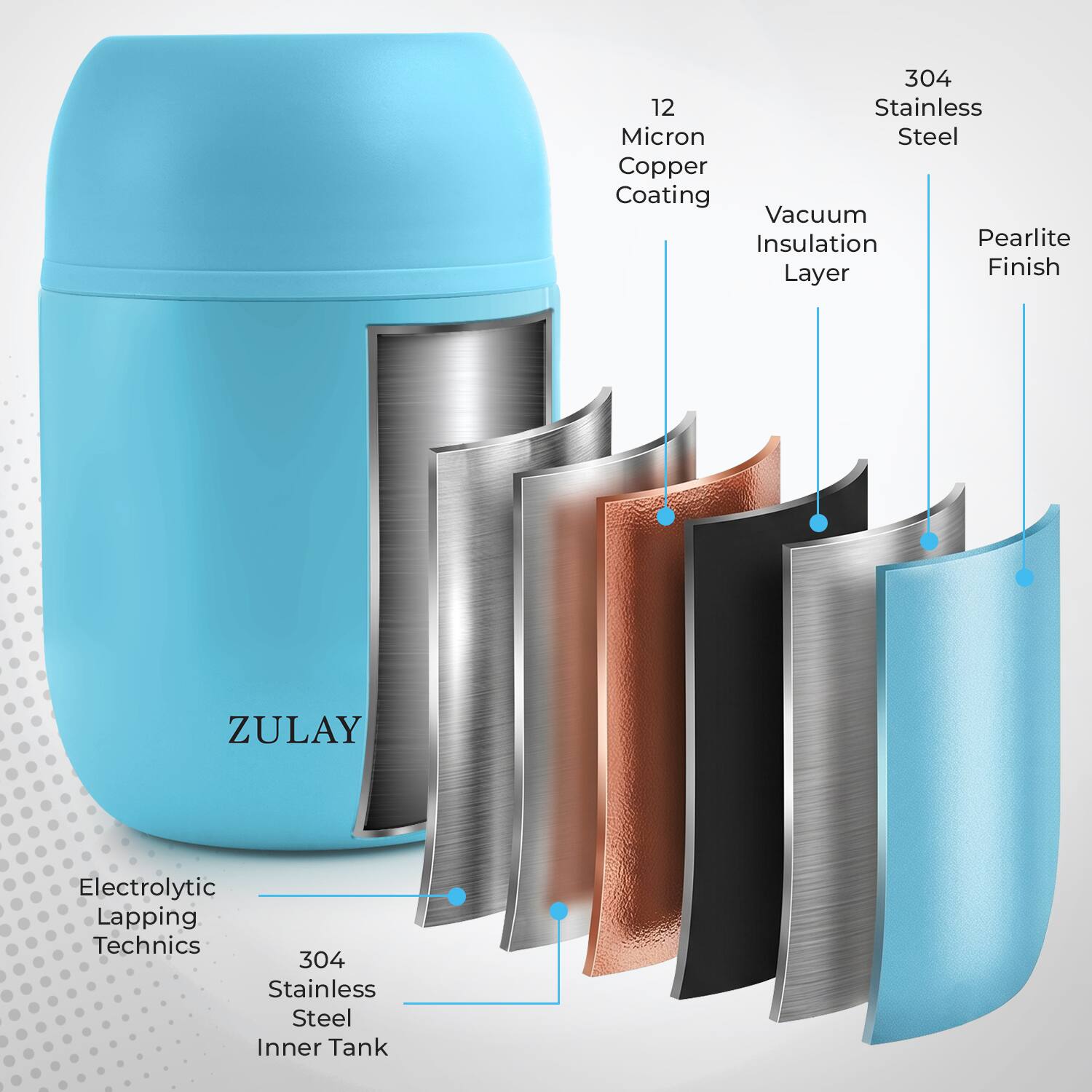 304 Stainless Micron Steel Copper Coating Vacuum Insulation Pearlite Layer Finish ZULAY Electrolytic Lapping Technics 304 Stainless Steel Inner Tank