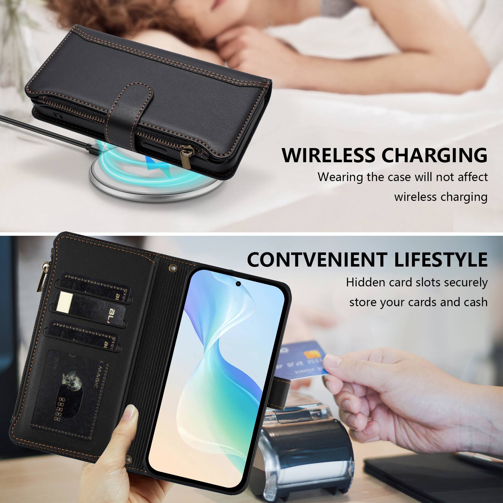 WIRELESS CHARGING  
Wearing the case will not affect wireless charging  

CONVENIENT LIFESTYLE  
Hidden card slots securely store your cards and cash