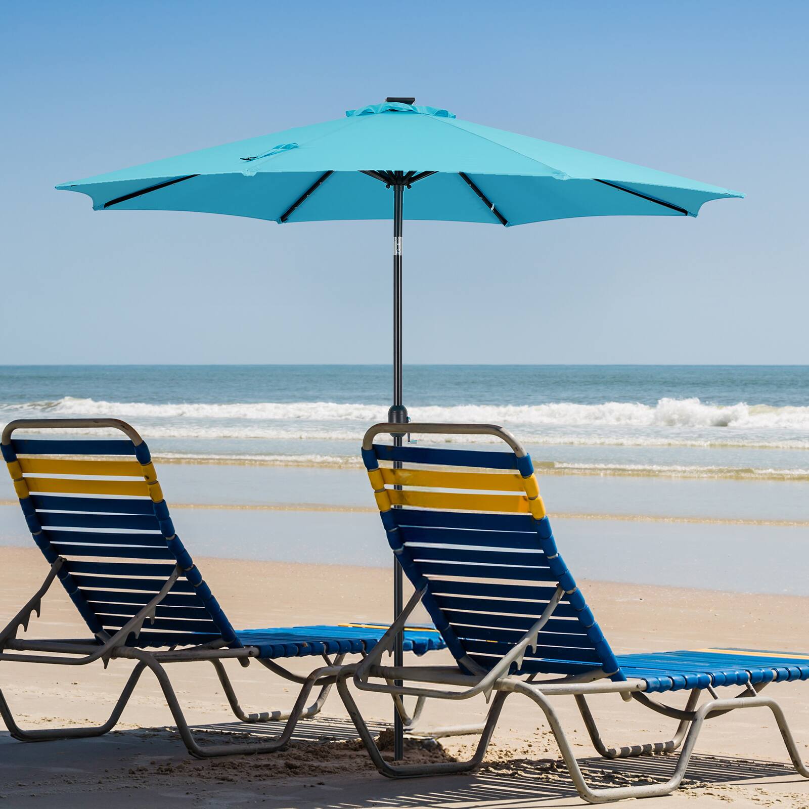 Angle. AENKYO - 10ft Solar Polyester 32 LED Lighted Patio Umbrella with Tilt Adjustment and UV-Resistant Fabric - Blue.