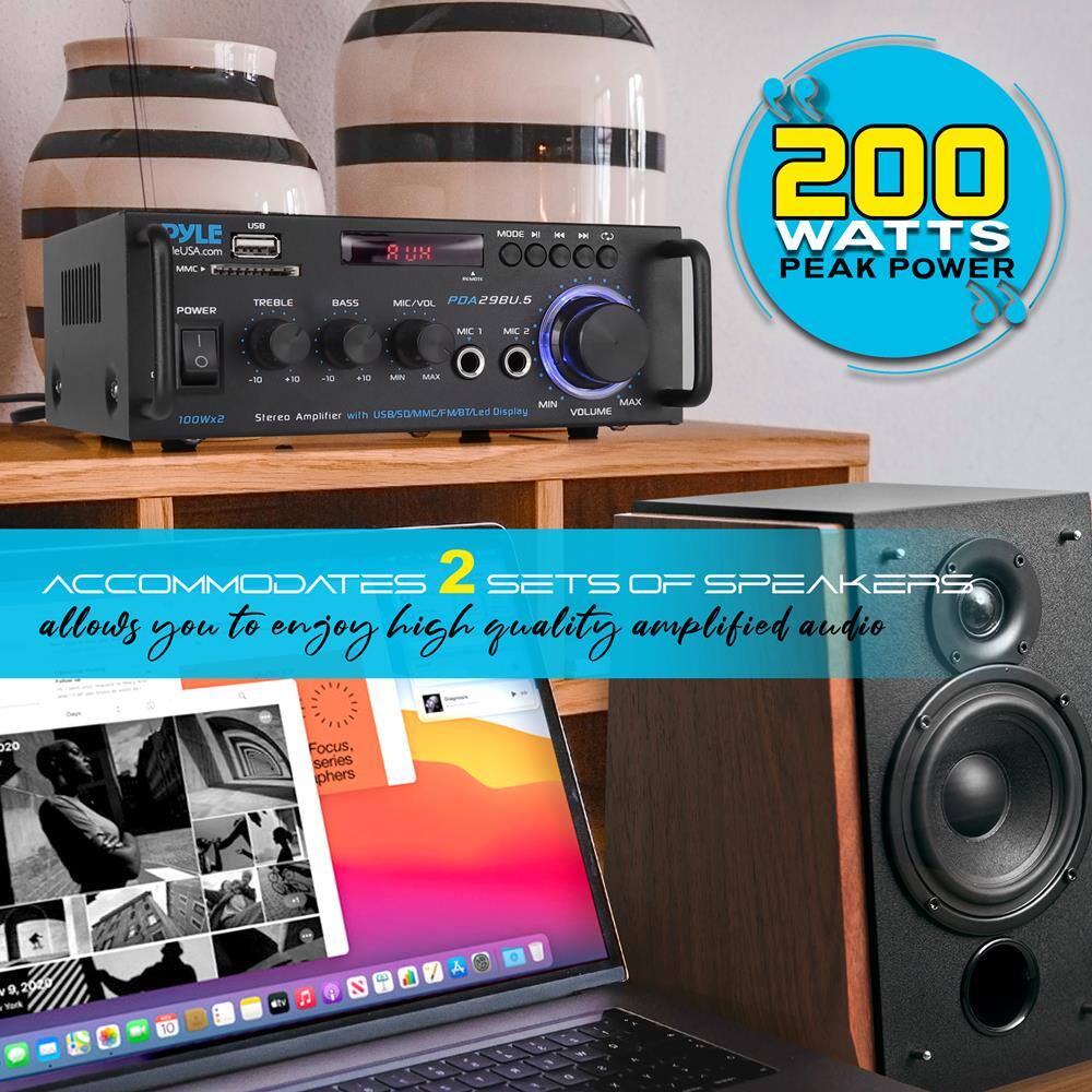 Sure, here is the corrected and grouped text from the image:

---

**OYLE**  
leUSA.com  
MCC *  
POWER  
TREBLE  
BASS  
MIC/VOL  
PDA298U.S  
MIC 1  
MIC 2  
VOLUME  
MIN  
MAX  
100Wx2  
Stereo Amplifier with USB/SD/MMC/MP3/Treble LED Display  

---

**200 WATTS PEAK POWER**

---

**ACCOMMODATES 2 SETS OF SPEAKERS**  
allows you to enjoy high quality amplified audio

---

**Focus, series phers**  
9. 2010 I Mark 10 dtv E N - / A - - F ~ - . A 2 1 i e

---

**200 WATTS PEAK POWER**

---

**ACCOMMODATES 2 SETS OF SPEAKERS**  
allows you to enjoy high quality amplified audio