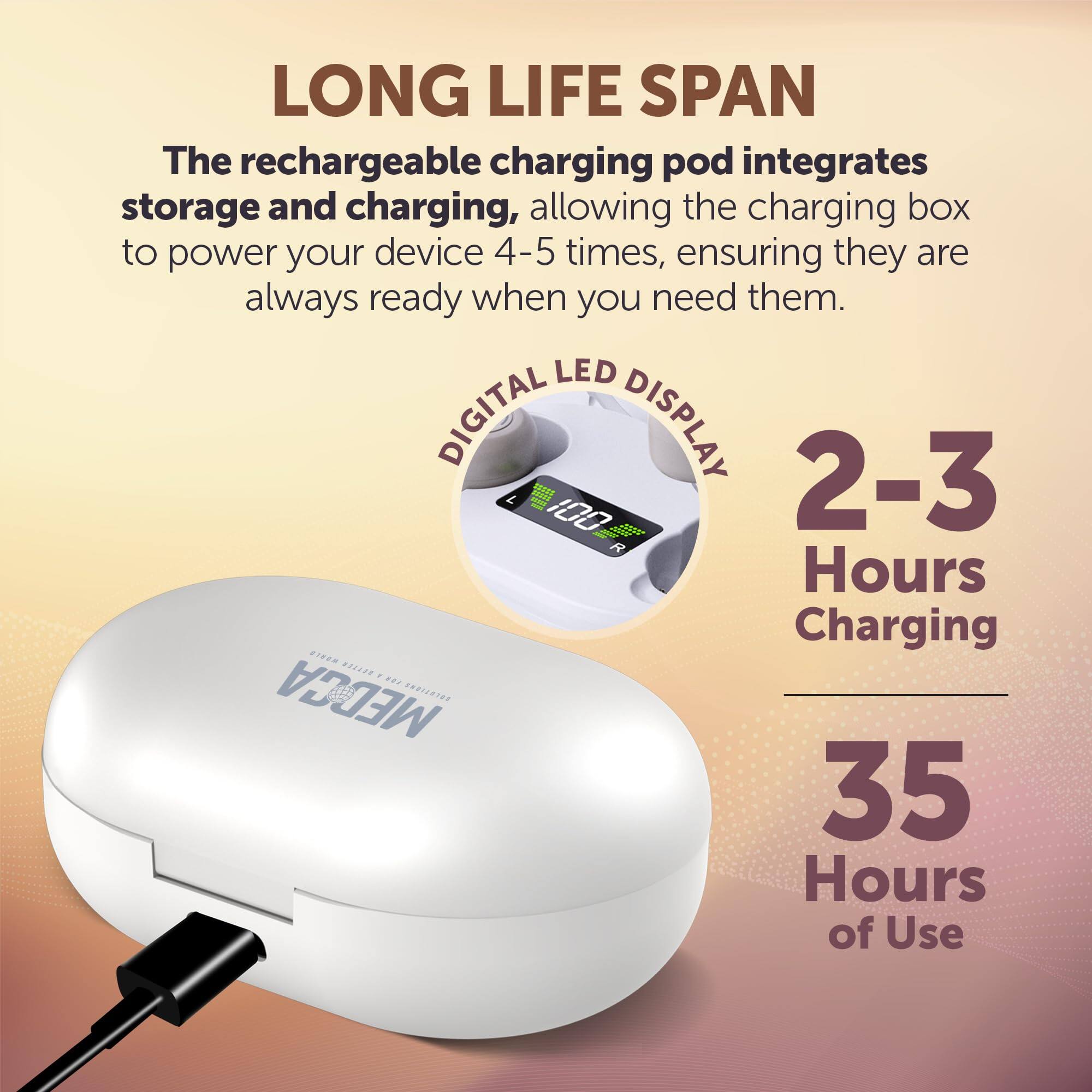LONG LIFE SPAN

The rechargeable charging pod integrates storage and charging, allowing the charging box to power your device 4-5 times, ensuring they are always ready when you need them.

DIGITAL LED DISPLAY

2-3 Hours Charging

35 Hours of Use