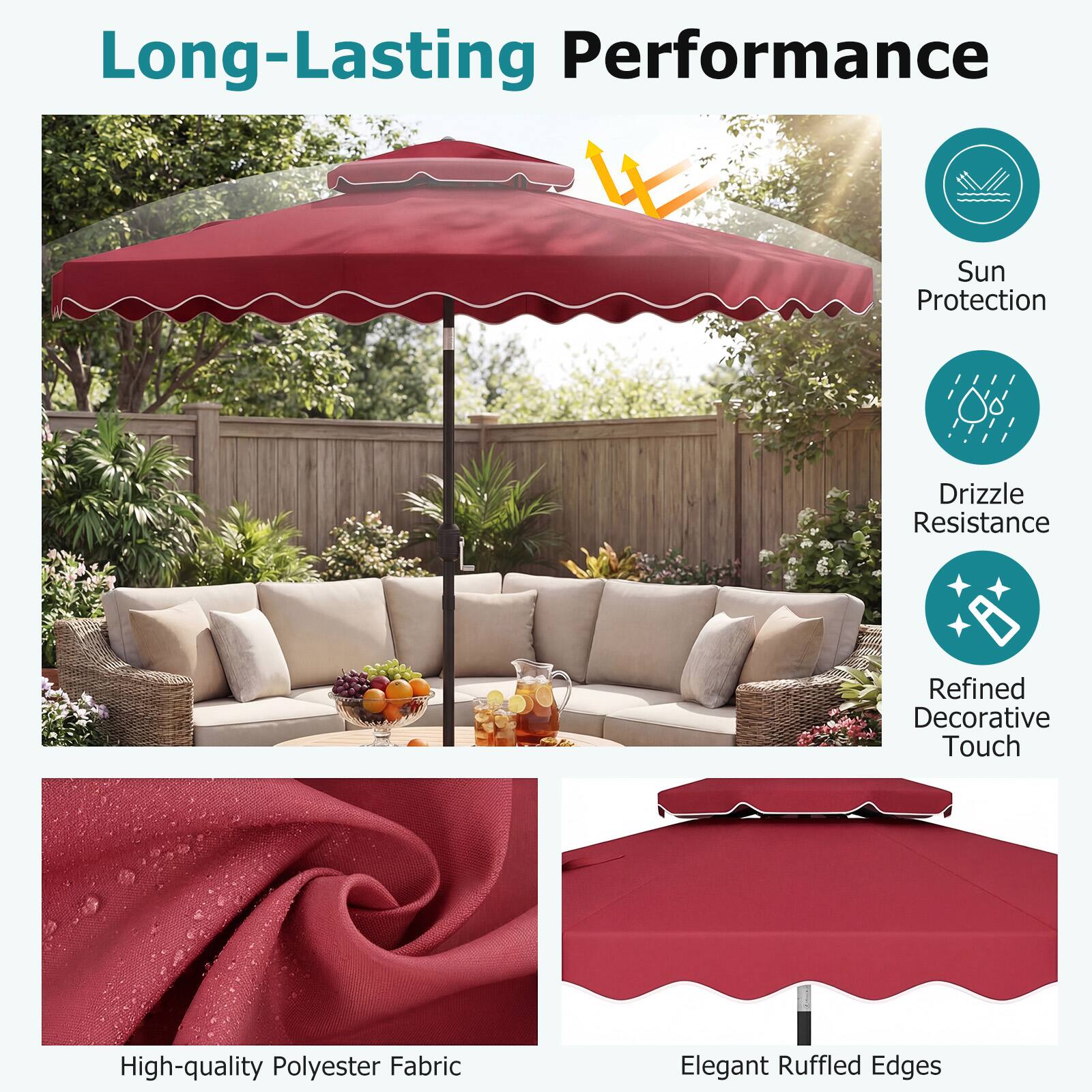 Long-Lasting Performance  
Sun Protection  
Drizzle Resistance  
Refined Decorative Touch  
High-quality Polyester Fabric  
Elegant Ruffled Edges