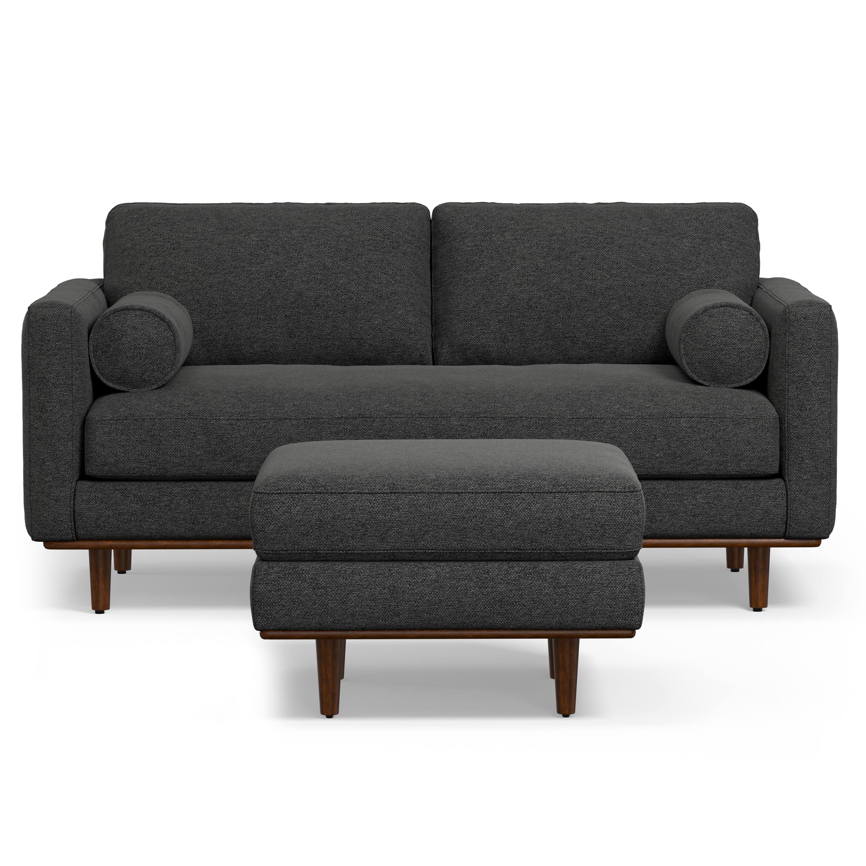 Left. Simpli Home - Morrison Mid-Century Modern 72 inch Wide Sofa with Ottoman Set in Charcoal Grey Tightly Woven Performance Fabric - Charcoal Grey.