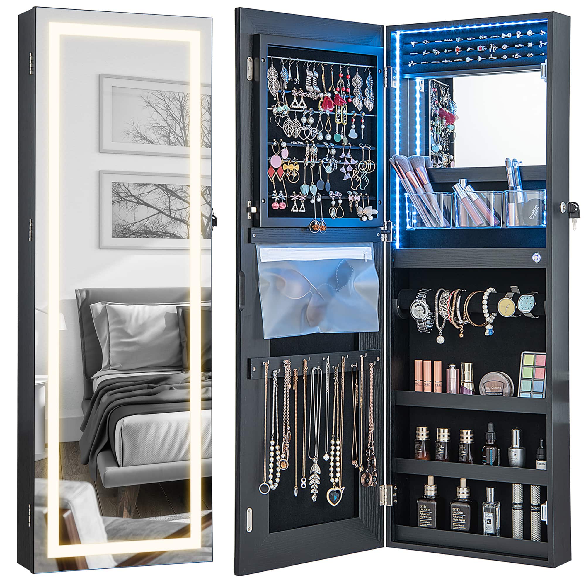 Gymax - LED Mirror Jewelry Cabinet Wall/Door Mounted Organizer Armoire w/ 3 Color Light - Black