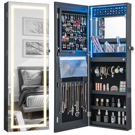 Gymax - LED Mirror Jewelry Cabinet Wall/Door Mounted Organizer Armoire w/ 3 Color Light - Black