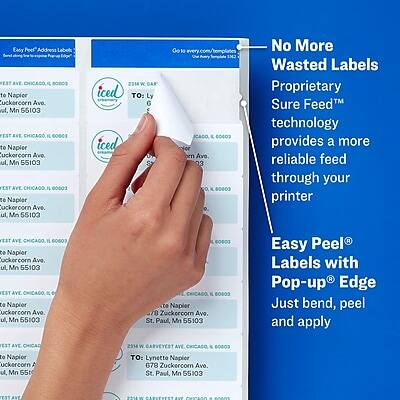 Easy Peel Address Labels  
EST AVE CHICAGO IL 60603 to Napior Zuckercom Ave. St. Paul, MN 55103

No More Wasted Labels  
Proprietary Sure Feed™ technology provides a more reliable feed through your printer

Easy Peel® Labels with Pop-up® Edge  
Just bend, peel and apply